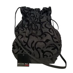 NWT Mycra Pac Reversible Black Velvet Scroll Nylon Drawstring Shoulder Bag